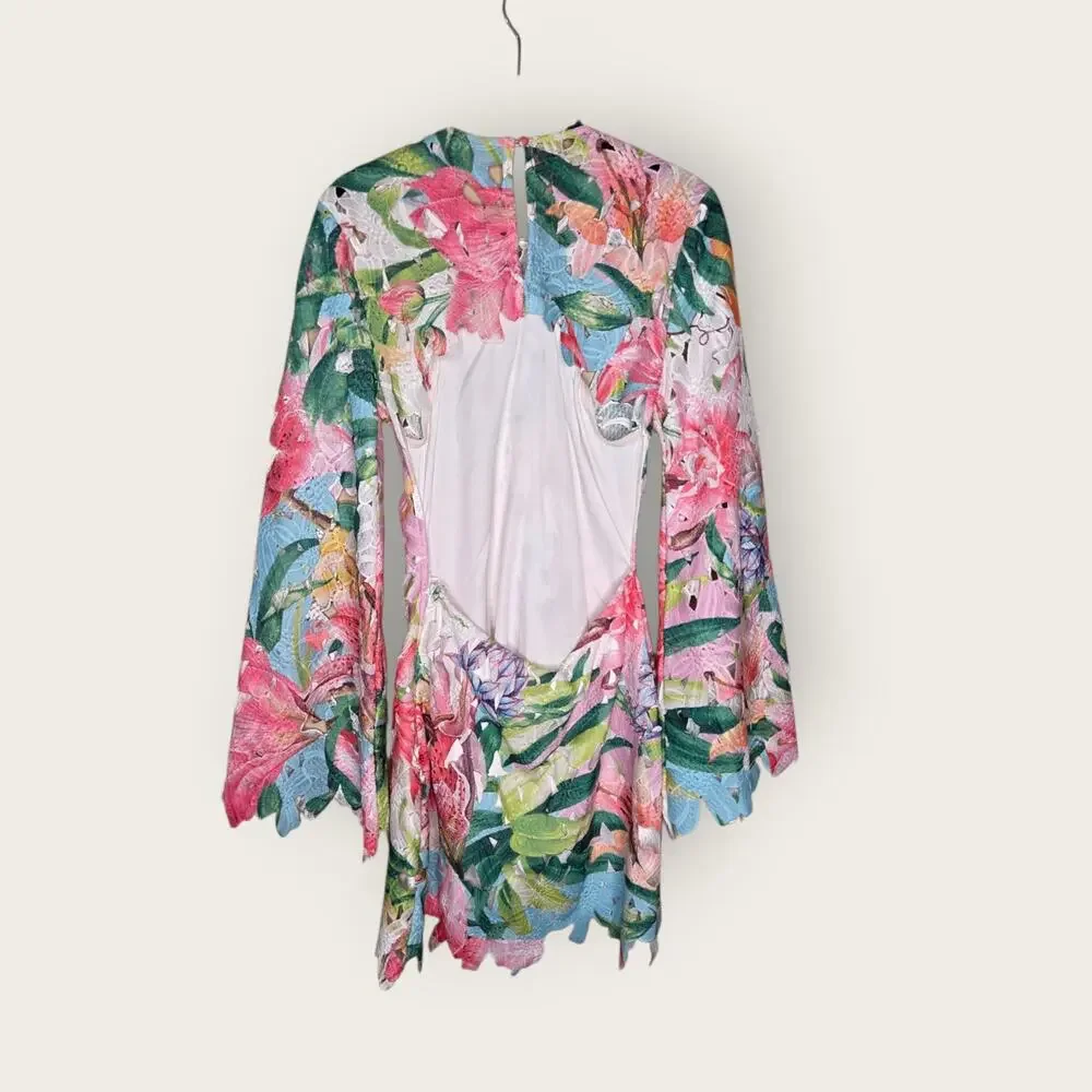 Rococo Sand Long Sleeve Tropical Floral Mini Dress Open Back Women's Small